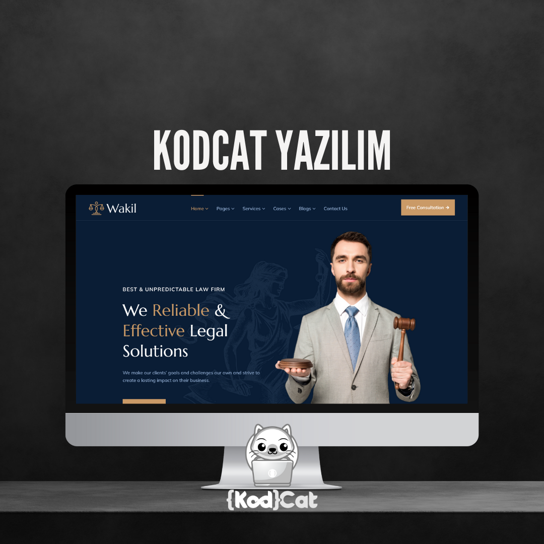 Mersin'de web tasarım ve dijital pazarlama hizmeti veren Kodcat Bilişim tarafından geliştirilen Avukat Bürosu Web Tasarım Görseli