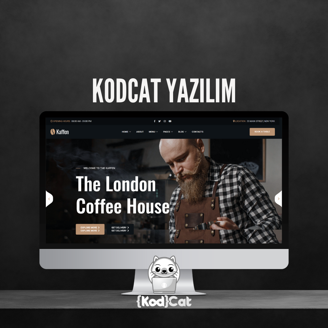 Mersin'de web tasarım ve dijital pazarlama hizmeti veren Kodcat Bilişim tarafından geliştirilen Restaurant Kafe Website Görseli